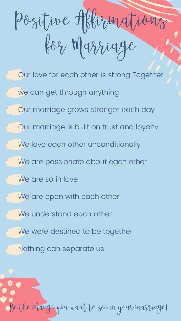 a blue and pink poster with the words positive affirmations for marriage on it