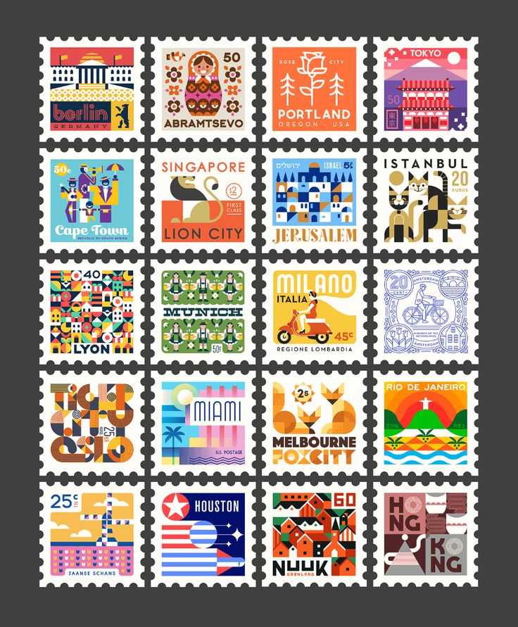 the stamps are designed to look like they have different colors and designs on each one