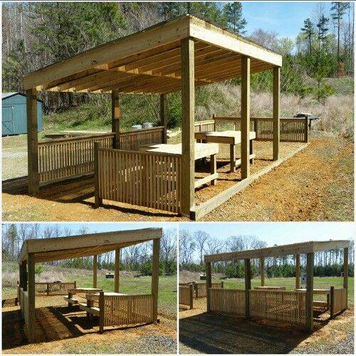 several different views of a wooden gazebo with benches and picnic tables in the background