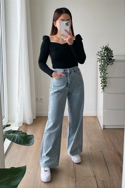 Tops On Wide Leg Jeans, Western Chic Outfits Casual, Birthday Jeans Outfit, Outfit Ideas Aesthetic Hijab, Simple Birthday Outfit Ideas, Anime Dress Design Outfit Ideas, Black Jean Outfits For Women, Outfit Ideas Hijab Simple, Outfit Ideas For Hijab