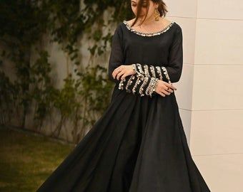 Anarkali suit | Etsy IN Black Pakistani Dress, Chanderi Anarkali, Tailor Design, डिजाइनर कपड़े, Black Frock, Long Frock Designs, Beautiful Black Dresses, Frock Fashion, Pakistani Dresses Casual