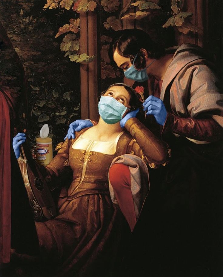 a painting of two people with masks on and one woman is getting her hair done