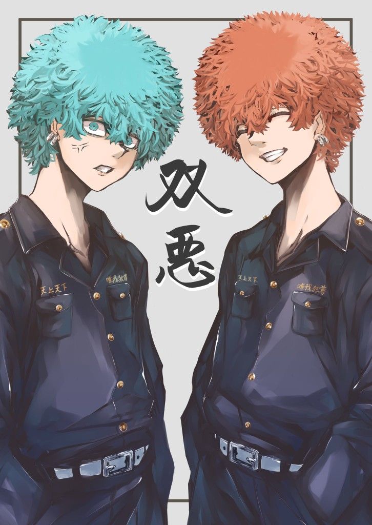 two anime characters with blue hair and orange hair, one wearing black shirt and the other red