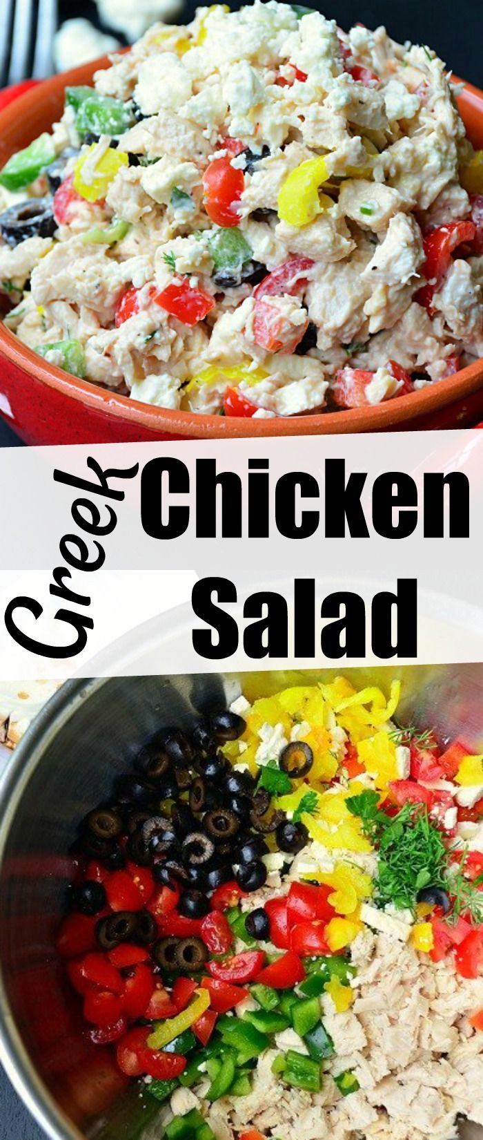 chicken salad with black olives, tomatoes and green peppers in a red bowl on the side