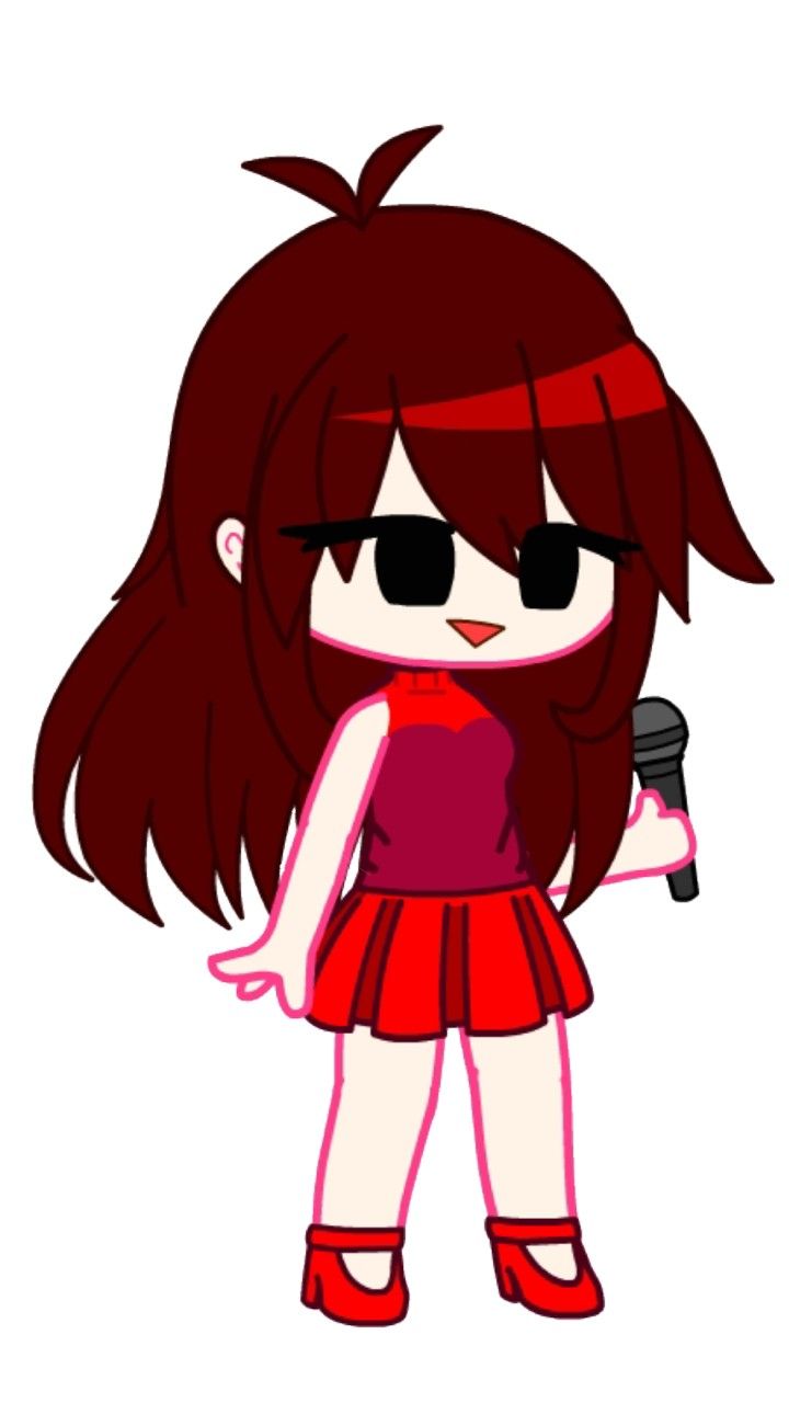 a cartoon girl with glasses and a microphone in her hand, wearing a red dress