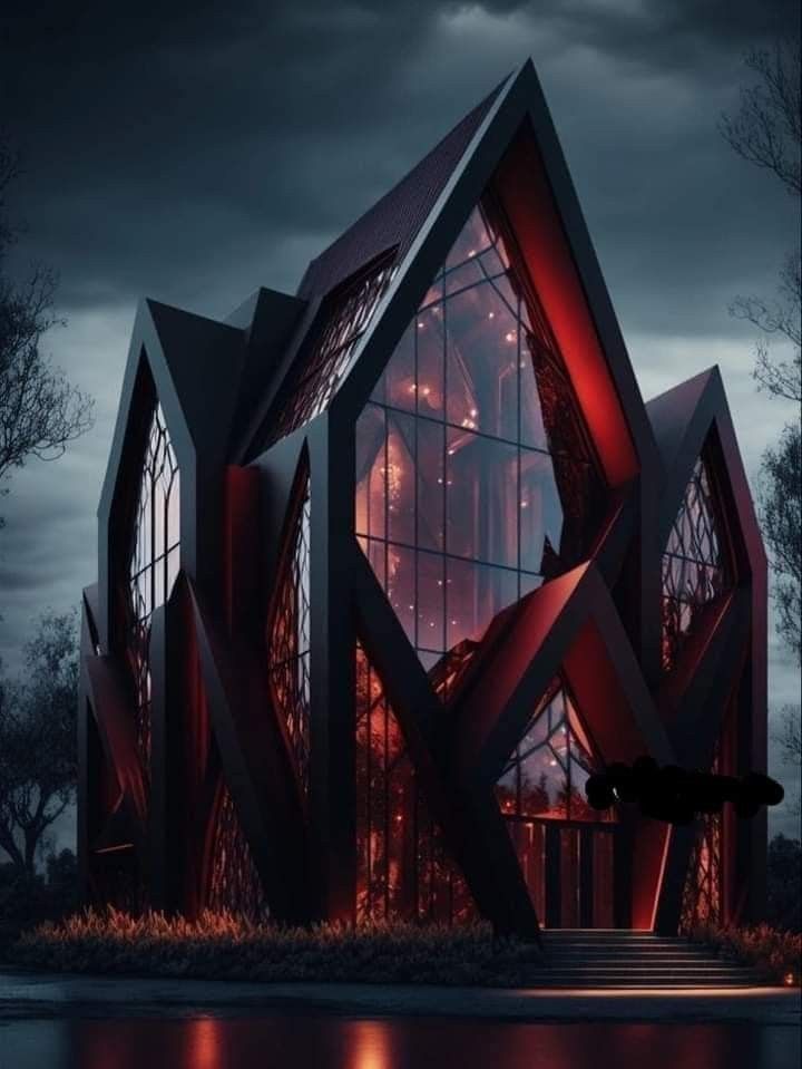 an unusual house is lit up at night with red lights in the windows and dark clouds