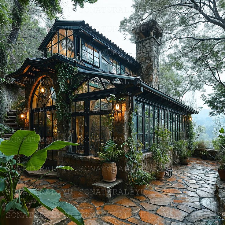 the house is surrounded by greenery and stone