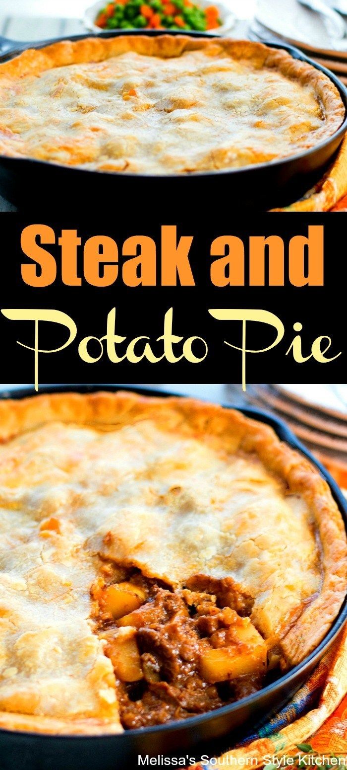 steak and potato pie in a cast iron skillet with text overlay that reads steak and potato pie