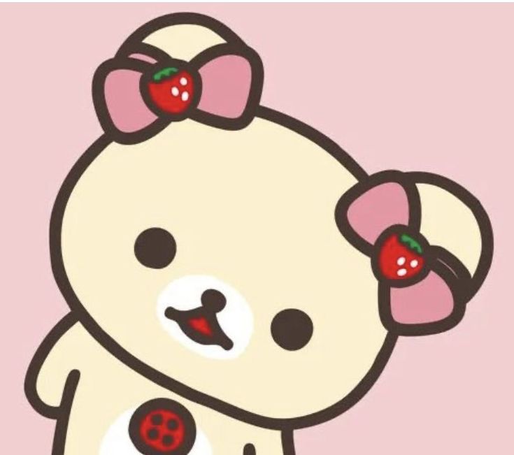 a white teddy bear with a pink bow on it's head and two cherries in her hair