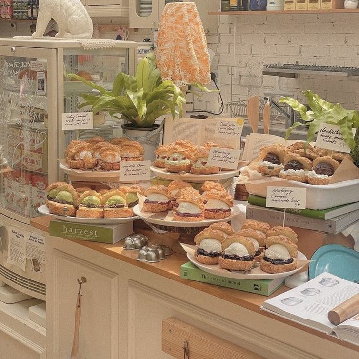 many different types of food on display in a kitchen