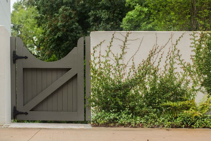 an open gate with vines growing on the side of it next to a white wall