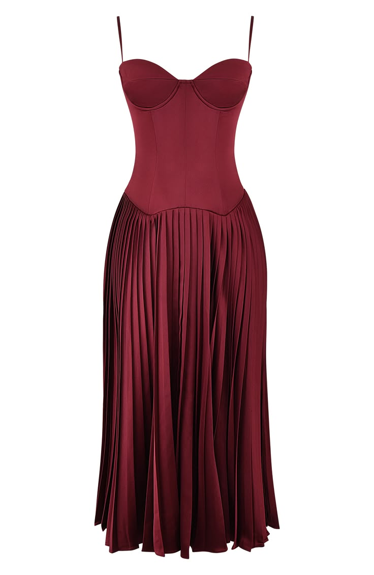 Fall for the sultry silhouette of this rich satin maxi designed with a corseted bodice and a swingy pleated skirt. Back zip closure Sweetheart neck Adjustable straps Lined 94% polyamide, 6% polyurethane with 95% polyester, 5% elastane contrast Dry clean Imported Burgundy Dress Outfit, Wine Red Dress, Wine Dress, Maid Of Honour Dresses, House Of Cb Dresses, Fall Wedding Guest Dress, Cocktail Attire, Holiday Party Dresses, Dreamy Dress