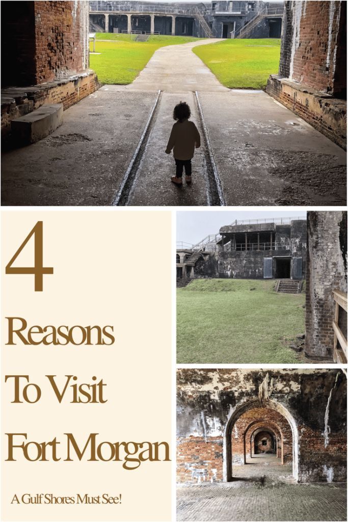 four photos with the words 4 reasons to visit fort morgan, and an image of a child