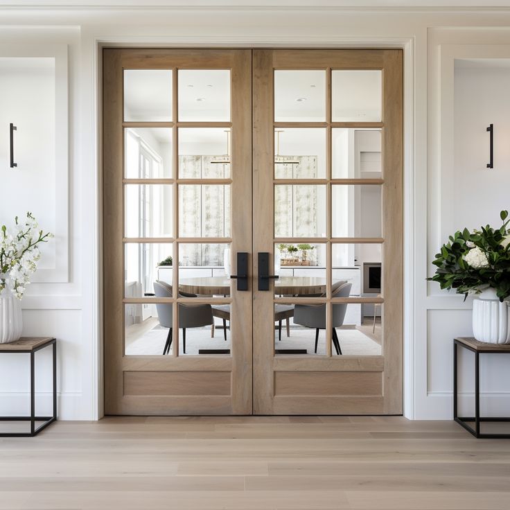 a dining room with two glass doors that lead into the living room and dining area