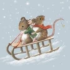 two mice are riding on a sled in the snow