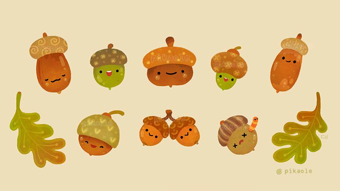 an illustrated set of acorns and leaves with faces drawn in the style of children's drawings