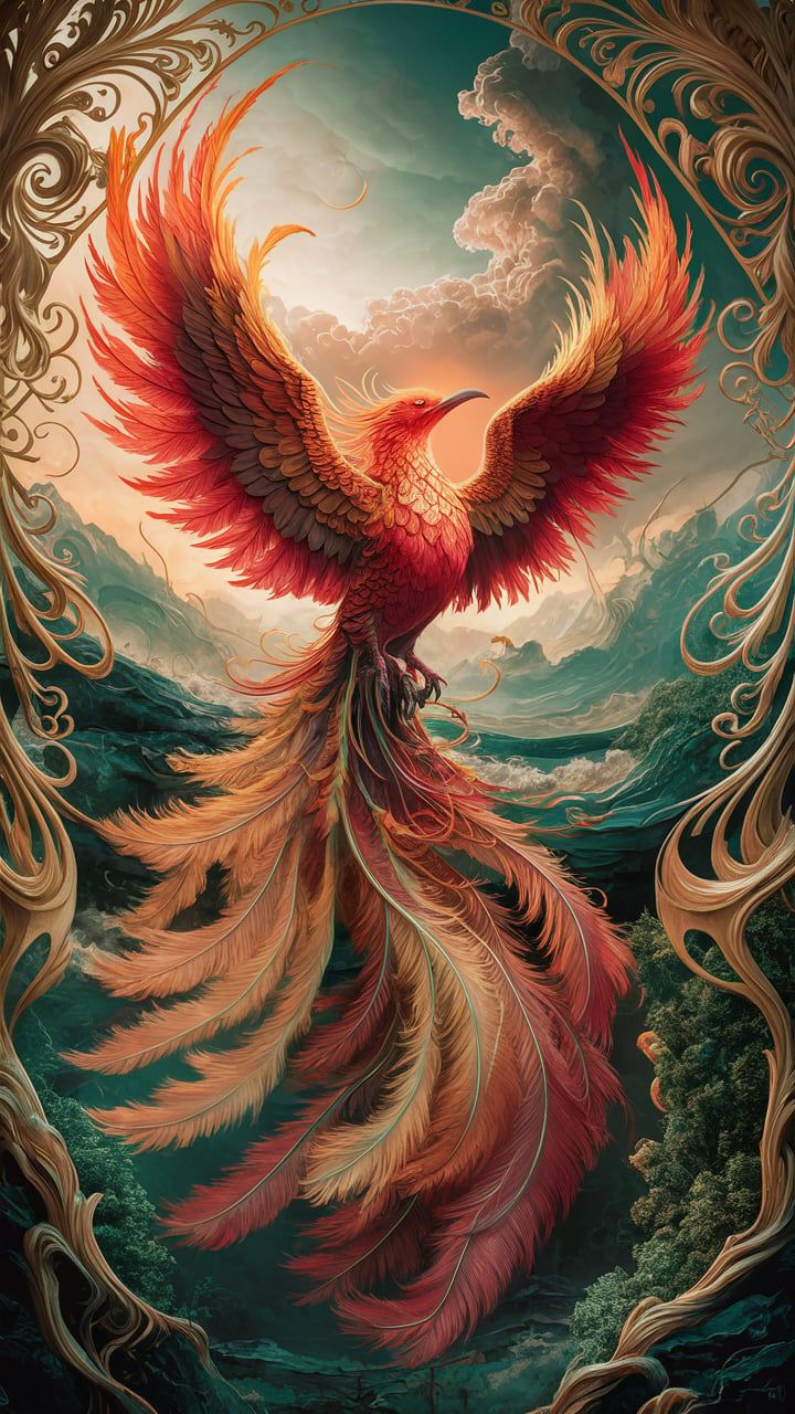 a painting of a bird with red and yellow feathers on it's wings flying through the air