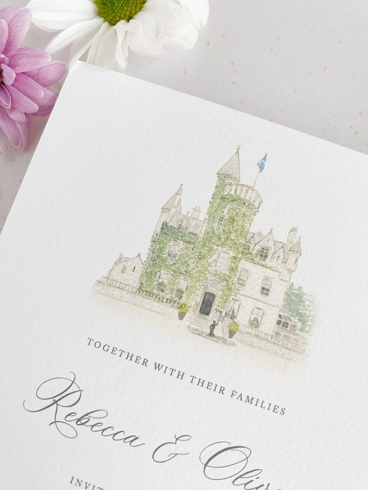 an image of a wedding card with a castle on it and flowers in the background