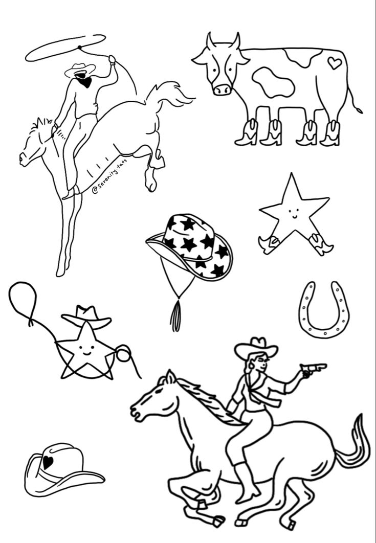 a black and white drawing of various items that are in the shape of horses, cowboys, cowgirls