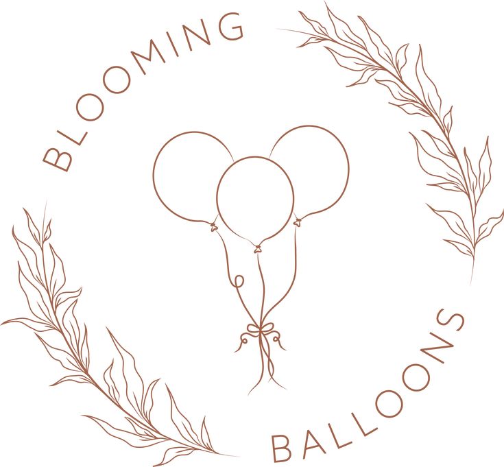 the blooming balloons logo is shown with two balloons in front of an olive branch