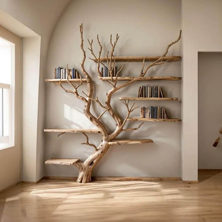 a tree shaped shelf with books on it in a room that has wood floors and walls