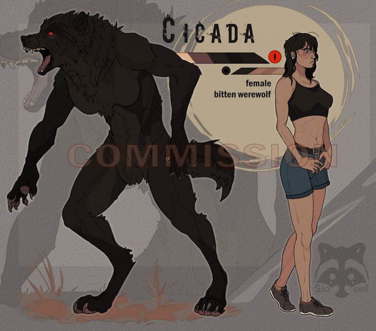 a woman standing next to a giant black wolf in front of a sign that says ciada