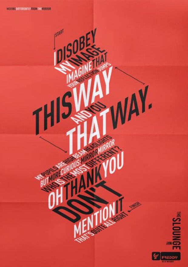 a red poster with black and white typograms on it that says, this way that oh thank you mention it