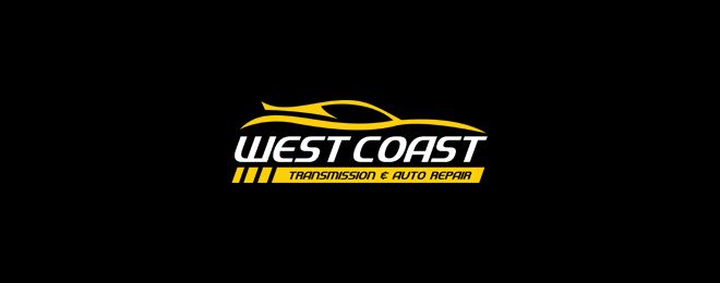 the west coast transportation and auto repair logo on a black background with yellow lines in the shape of a car