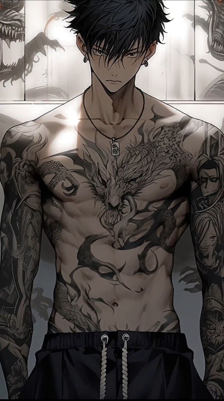 a man with tattoos on his chest standing in front of a wall full of monsters