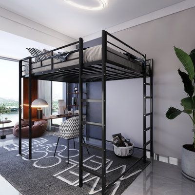 a loft bed in the corner of a room