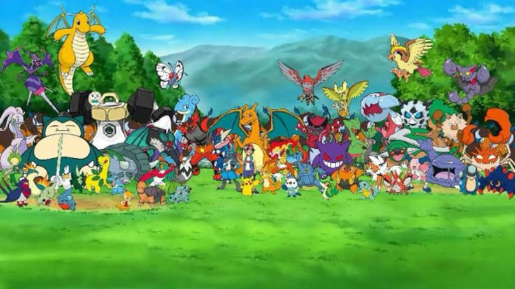 many cartoon characters are gathered together in the grass with trees and mountains in the background