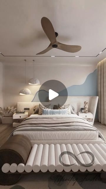 a bedroom with a bed and ceiling fan