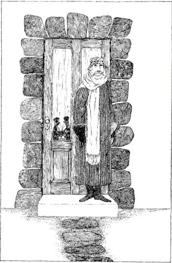 an old man standing in front of a door that is made out of wood and stone