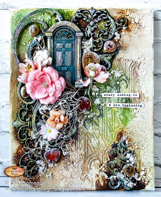 a close up of a card with flowers and an old fashioned door in the background