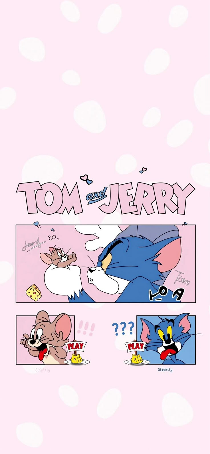 tom and jerry comic strip with cartoon characters on the bottom right hand corner, in pink background