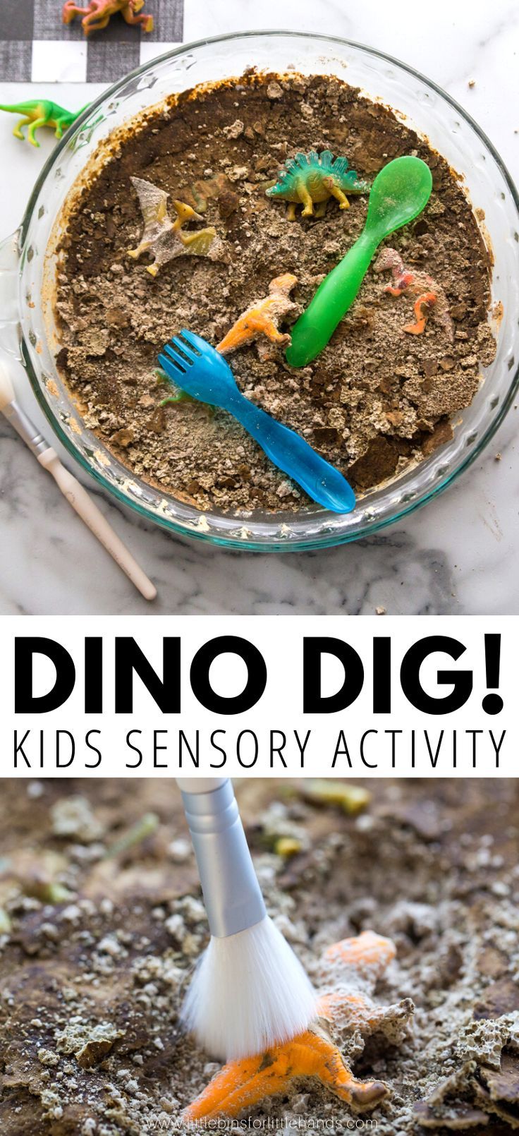 a close up of a pie on a table with the words dino dig kids's sensory activity