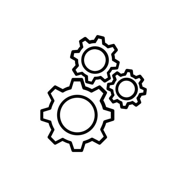 three gears are shown in this black and white icon, with one gear on the left side