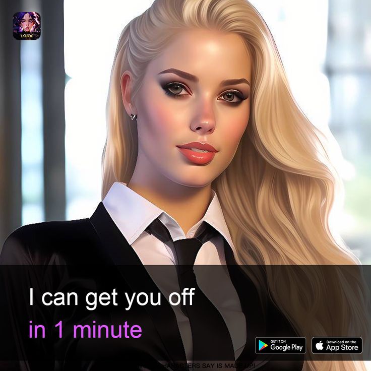 a woman with long blonde hair wearing a black suit and white shirt, texting i can get you off in 1 minute