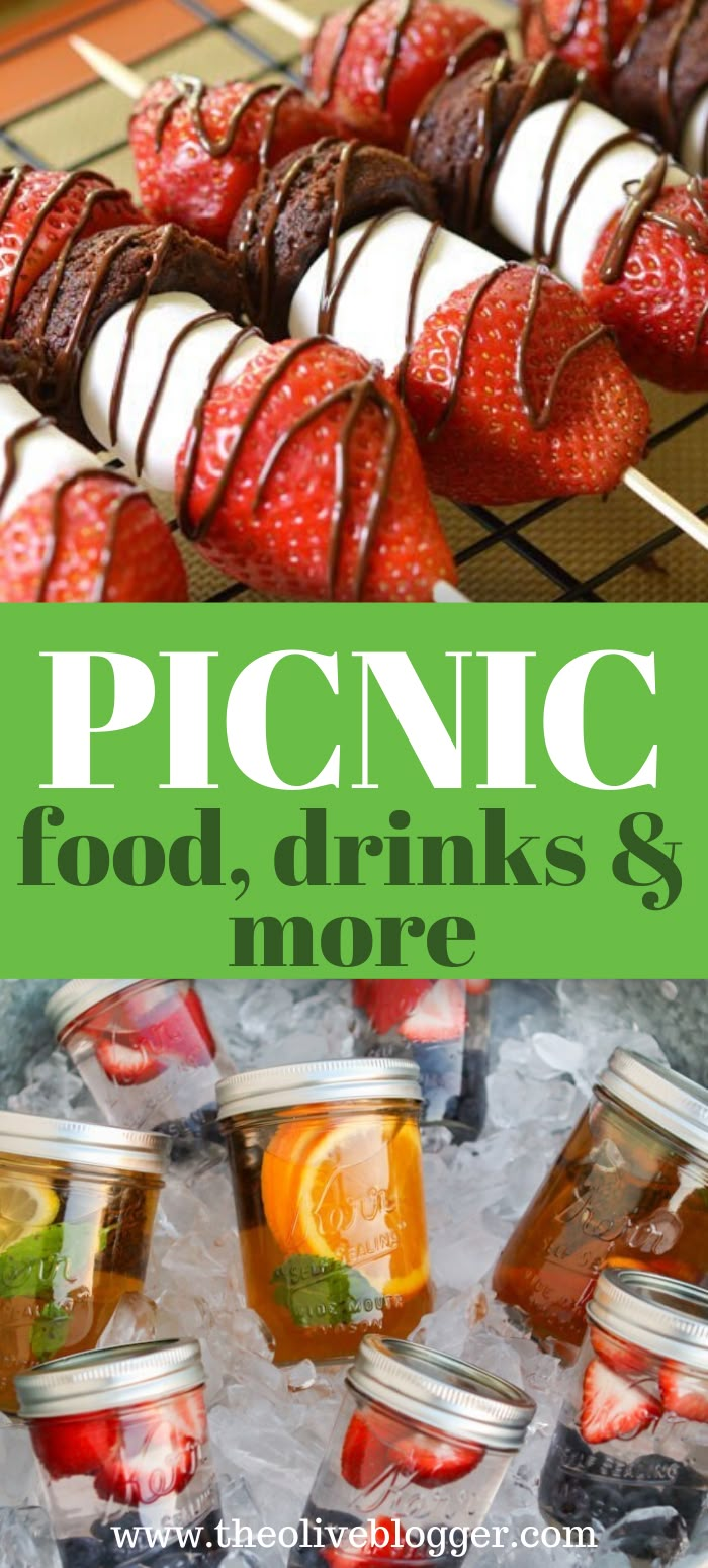 picnic food, drinks and more are on display in plastic containers with strawberries and oranges