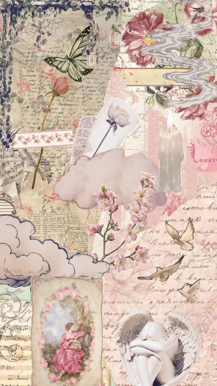 an artistic collage with flowers, clouds and other things in pinks and blues