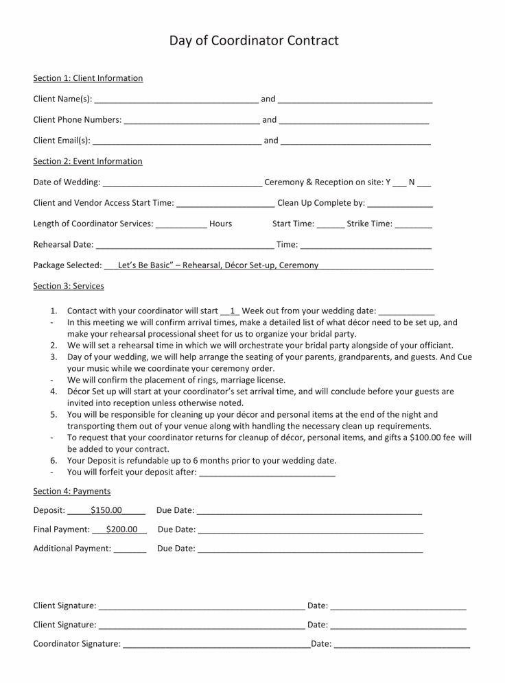 a printable form for a day of coordator contact