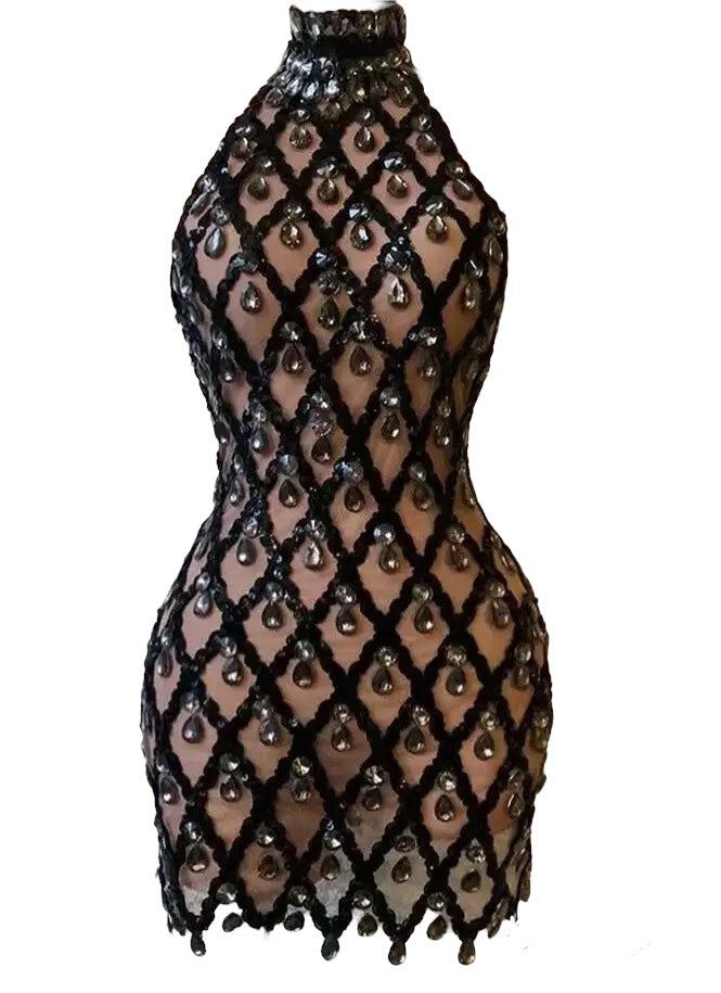 See through rhinestone dress embellished dress. This is a one size dress as it is very stretchy. Fits sizes XS, S, M,L, XL. Extra Birthday Dress, Goth Ootd, Rhinestone Clothes, Black Rhinestone Dress, Bling Dresses, Bead Dress, Rhinestone Outfit, Beaded Mini Dress, Bad Dresses