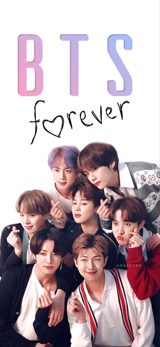 bts forever poster with the group posing together for a photo in front of a white background