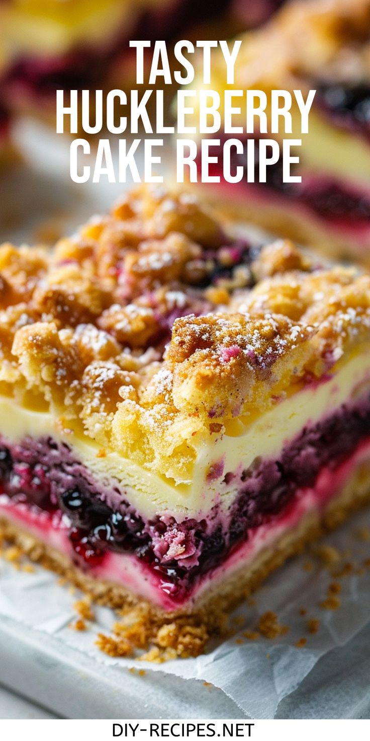 a close up of a piece of cake on a plate with the words tasty huckleberry cake recipe