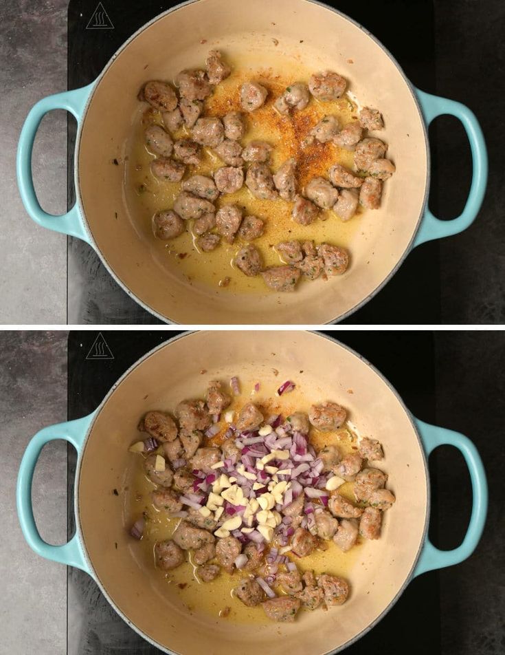 two pictures showing the process of cooking meat and onions