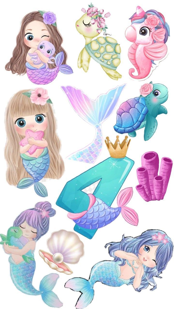 the number four is surrounded by mermaids and seahorses, including one with a crown