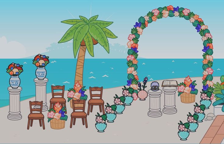 an animated beach scene with chairs and flowers