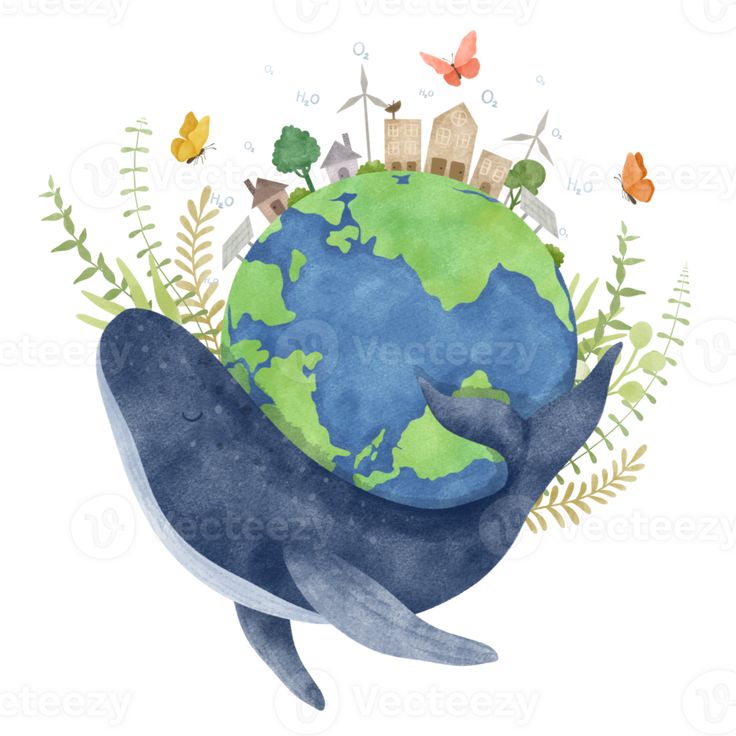 a whale is holding the earth in its hands with buildings and trees on top of it