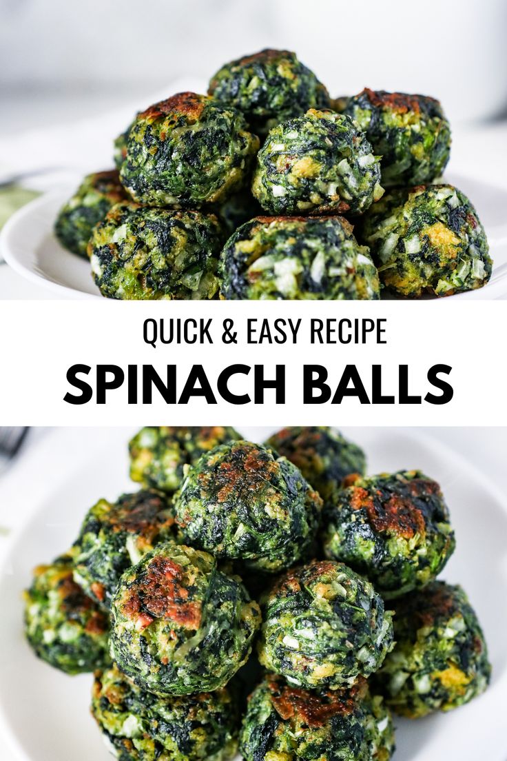 spinach balls on a white plate with the words quick and easy recipe above them