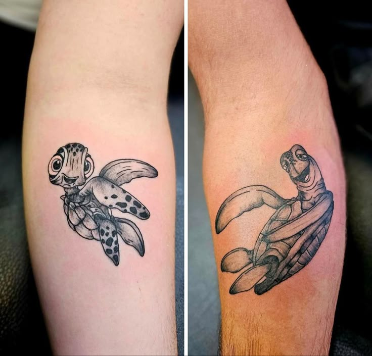 two tattoos that have turtles on them